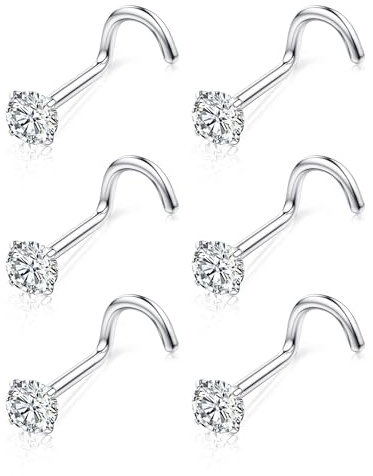 Chriscoco 6stk Nasenpiercing G23 Titan Nasenpiercing Stecker Screws Nasenstecker Nostril Piercing Nasenpiercing Set Damen Herren Nase Piercing Schmuck 3mm CZ Nasenpiercing Silber 18G