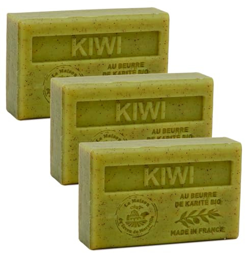 Maison du Savon de Marseille – Französische Seife aus Bio-Sheabutter – feuchtigkeitsspendend für weiche Haut – sanftes Peeling – Kiwi-Duft – 125 g Riegel – 3er-Set
