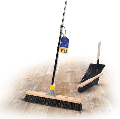 Novaliv Balai de salle avec manche de 50 cm - Mélange de poils avec balayette - Noir - Composé d'une pelle et d'une balayette à main - Idéal comme balai d'atelier, de salle avec manche - Balai
