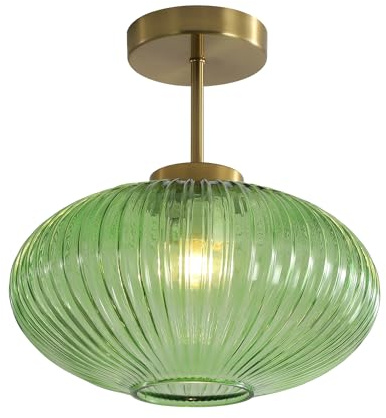 KCO Lighting Vintage verde acanalado de vidrio de montaje empotrado de luz de oro cepillado semi empotrado de techo Globo pasillo lámpara de techo