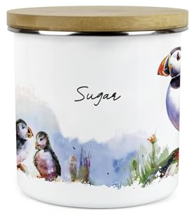 Purely Home Puffins on the Rocks Sugar Storage Canister - Coastal Sea Birds Homewares Presents - Tea/Coffee/Sugar Metal Enamel Hot Drinks Storage Container Gifts