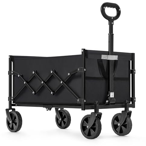 SONGMICS Carrello Pieghevole Piccolo, Carrello da Giardino, Compatto, con Manico, 4 Ruote Rinforzate di cui 2 Universali, Portante di 180 kg, per Esterni, Giardino, 90 L, Nero Inchiostro GFW909B01