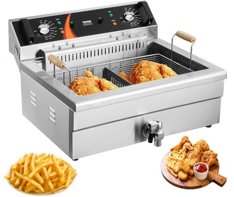 VEVOR Friteuse commerciale 2250 W, friteuses à bain d'huile électrique avec panier, en acier inoxydable, grande capacité 20 L pour cuisine, restaurant, café, température réglable 80-200 °C, argenté
