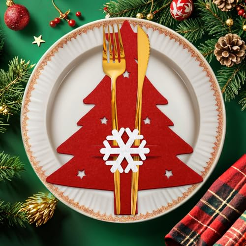 FUKPO 12 Stück Bestecktasche Weihnachten Filz Rot, Besteckhalter Weihnachten Tischdeko Weihnachten Rot Weihnachtsbaum Schneeflocke Stern, Weihnachtstisch Deko Set Weihnachts Tischdeko
