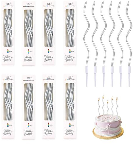 Set di 48 Candele Compleanno Argento, Candele a Spirale di Compleanno Metalliche per Torte, Candele Torta per Compleanni e Matrimoni con Supporti Eleganti e Lunghe per Decorazioni di Feste Esclusive