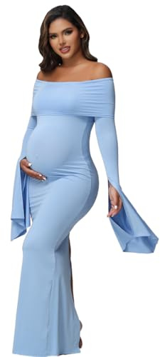 JustVH Vestido de Maternidad de Manga Larga para Mujer, con Hombros Descubiertos, para fotografía de Embarazo, Baby Shower, sesión de Fotos, Azul, M