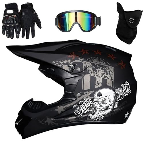 Intégral Casque Motocross avec Lunettes Gants Masque, Adulte Jeunesse Hors Route VTT Scooter Moto Casque, BMX Quad Moto Cross Accident Casque, Approuvé par Le Dot(F5,M(54-55cm))