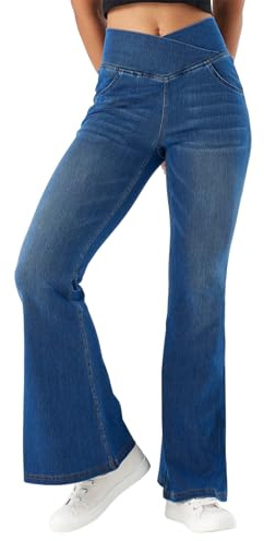 SotRong Womens Elastic Crossover Waist Flared Jeans High Waisted Tummy Control Pull On Stretchy Bell Bottom Wide Leg Bootcut Denim Pants with Pockets Navy Blue L