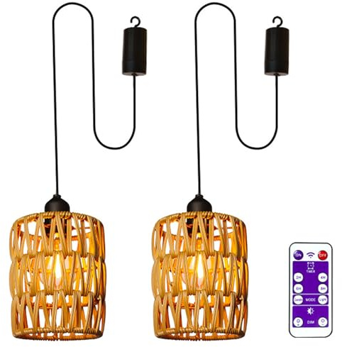 2 Stück Rattan Hängelampe mit Batterie, Batteriebetriebene Lampe mit Rattan Lampenschirm und Fernbedienung, Wasserdicht Boho Pendelleuchte ohne Strom, Boho Hängeleuchte für Innen Außen Garten Balkon