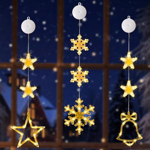 Yizhet 3 Stück Sterne Glocke Schneeflocken LED Sterne Weihnachtsbeleuchtung Weihnachtsstern Fenster Lichterkette Batterie, für Geburtstag Hochzeit Party Weihnachten Deko