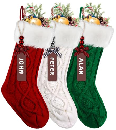 JOLCEEY 3pcs Christmas Stockings, 18 Inch Large Knit Christmas Stockings Personalized Xmas Hanging Stocking Decorations with Name Tags for Christmas Fireplace Tree Decorations