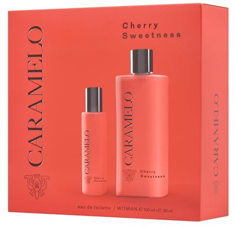 CARAMELO - Cherry Sweetness Estuche Regalo 100 + 30 ml, Colonia Mujer, Pack 2, Perfume Formato Spray, Eau de Toilette Natural y Femenina, Aroma Cítrico Floral Ambarado, Fragancia Fresca, Elegante