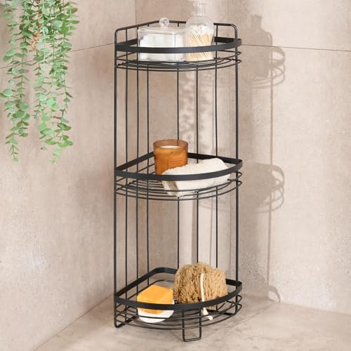 OHS 3 Tier Bathroom Corner Shelf Counter Organizer, Floor Bathroom Caddy Freestanding Black Wire Plastic Corner Shower Storage Organizer Display Shelves for Toiletries Shampoo