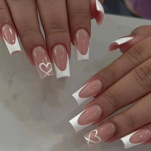 French Tip Nails - 24pcs Medium False Nails Square - 12 Sizes Pink Fake Nails with Glue - Glossy Full Coverage Stick on nails with Heart Patterns - French Nails Press On for Women and Girls