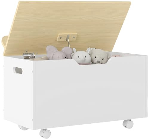AIYAPLAY Toy Box with Lid, Toy Chest with Wheels and Safety Hinges for Kids, Toddler Storage Organiser for Playroom, Bedroom, Living Room, White