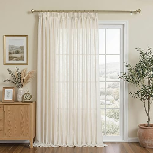 MYSKY HOME - Tende in lino per soggiorno, tende in finto lino, tende semitrasparenti con cordoncino arricciato, tende corte, set da 1 pezzo, H 260 x L 300 cm, tende per cameretta, colore: beige