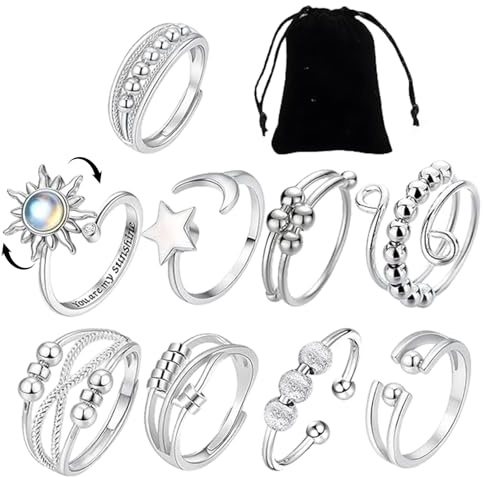 Zovator 9pcs Bague Anti Stress Femme Argent, Bagues Anti-Stress Ajustables et Empilables avec Pochette de Rangement, Fidget Bague Anxiété Rotative, Filles et Hommes, Cadeaux d'Anniversaire ou de Fête