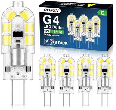 QOJUX G4 LED Bulbs, 1W 173LM Class C Cool White 6000K, Equivalent to 20W Halogen Bulb, Bi-Pin Base Energy Saving G4 Bulb, AC/DC 12V, Non-Dimmable Non Flicker, for Chandelier, Home Lighting, 5 Pack