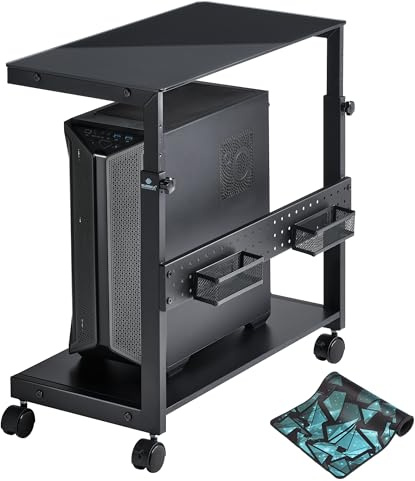 EUREKA ERGONOMIC PC Stand Computer Cart Frosted Glass, Height Adjustable Tower Stand 2-Tier for ATX Case Printer, Metal Rolling Cart on Wheels for Gaming Home Office, Black