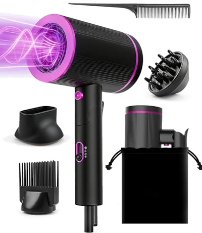 Phon Capelli Professionale Pieghevole 2400W con Motore Turbo AC, Asciugacapelli Ionico da Viaggio Silenzioso, con Diffusore, Beccuccio, Spazzola Scheletro e Pettine a Denti Lunghi