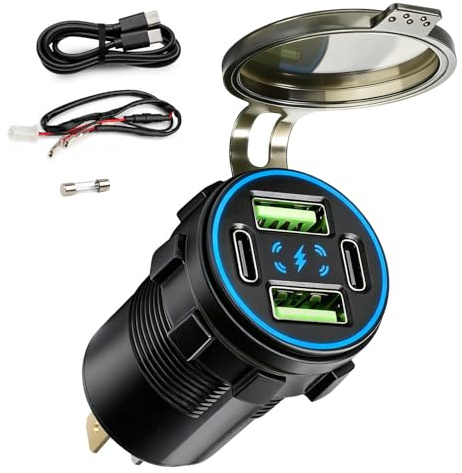 SRunDe 132W Toma USB de 12V Cargador de Coche Doble USB-A 36W & USB-C 30W | 4 Puertos Mechero Coche USB Carga Rápida Cargador Rápido de Telefono Empotrable Impermeable Puerto USB Moto para Camper