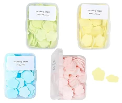 Paper Soap, 4 Different Scented Mini Fresh Portable Disposable Petal Hand Wash Sheets, Dissolvable Hand Bath Soap, Suitable for Outdoor, Travel, Camping, 4 Boxes (Approx 400 Sheets)