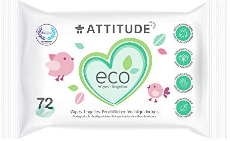 ATTITUDE Biodegradable Baby Wipes, Plant Based Unscented Diaper Wipes for Babies and Newborn, Dermatologically Tested, Vegan, 72 Count