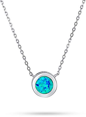 Bling Jewelry Klassische Runde 1Ct Solitär Lünette Set Blau Weiß Feuer Orange Erstellt Opal Anhänger Bahnhof Halskette Für Frauen 14K Vergoldet.925 Sterlingsilber Oktober Geburtsstein