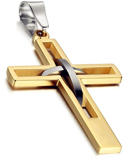 Flongo Kreuz Kette Herren Anhänger: schwarz silber gold blau Kreuzkette Männer Halskette Edelstahl Kettenanhänger kruzifix jesus Schmuck massiv Ostern Weihnachten Geschenk für Damen Frauen 54cm lang