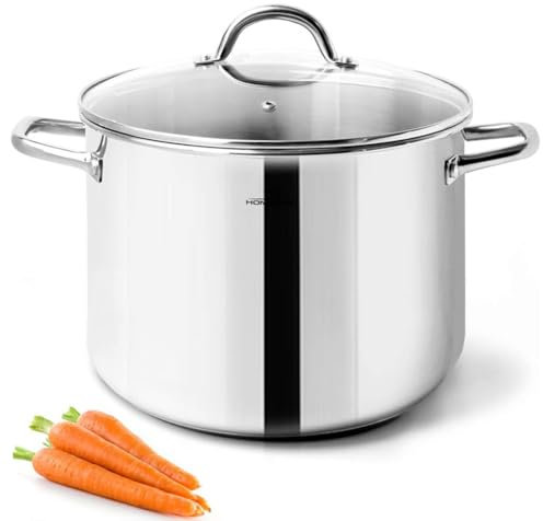 HOMICHEF Pentola 24,5 cm 7,6 Litri con Coperchio in Acciaio Inossidabile Senza Nichel - 7,6 Litri Pentola con coperchio in vetro lucido a specchio per piano cottura a induzione