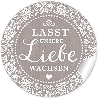 24 Sticker Lasst unsere Liebe wachsen Schöne Etiketten im Retro-Vintage-Style/Shabby-Chic Packpapier Look für Gastgeschenke zur Hochzeit Samentüten, Reagenzgläser (4 cm, rund, matt) Sand