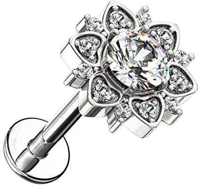 Piersando Piercing Stecker für Ohr Tragus Knorpel Lippe mit Kristall Blume