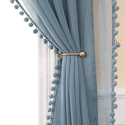 MIULEE Voile Gardine Pompons Stangendurchzug 2er Set B140 H260 Blau | Luftige Voile-Gardine mit Pompons und Stangendurchzug, kinderfreundliches Design, dekorativ für, Schlafzimmer und Wohnzimmer
