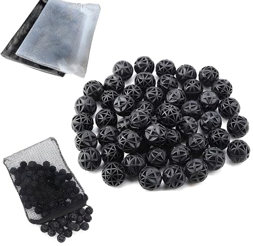 CESFONJER 35 Unids Peces de Acuario Filtro de 26 mm Bio Bolas, Bio Bolas de Medios de Filtro, Bio-Bolas para la Limpieza de Filtración de Tanques de Acuario + (2 Pcs/15 * 20cm) Bolsas de Malla