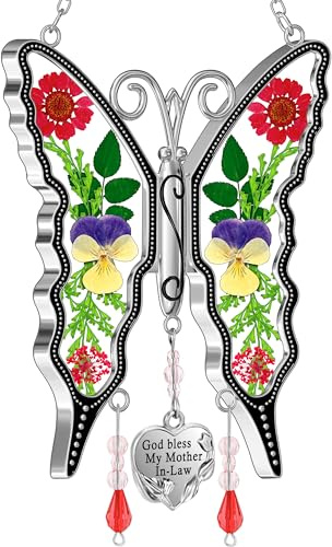 KY&BOSAM Regali per la mamma acchiappasole farfalla Dio benedica mia suocera regali festa della mamma in vetro colorato acchiappasole appeso ornamento per finestra regalo per donne San Valentino
