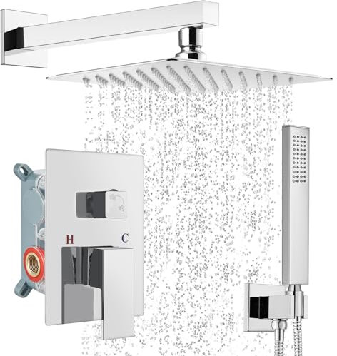 Midanya Regenduschsystem, quadratisch, Regenduschkopf, Wandmontage, Duscharmatur-Set mit Handsprüher raues Ventil, Mischbatterie, Kombi-Set, 25,4 cm quadratischer Knauf, poliertes Chrom