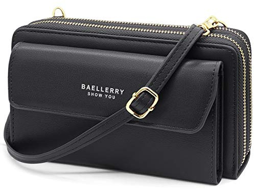 HNOOM Handy Umhängetasche Damen Handytasche zum Umhängen Handy Schultertasche Brieftasche Klein Crossbody Tasche Handy Geldbeutel Handytasche Geldbörse mit Kartenfächer, Schultergurt (Schwarz)