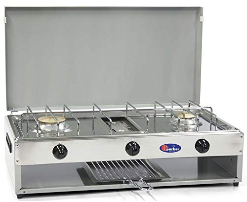 Cocina de gas Metano 2 quemadores con parrilla inoxidable para uso exterior Cfparker mod 552Gm Color Gris - Hogar y Camping