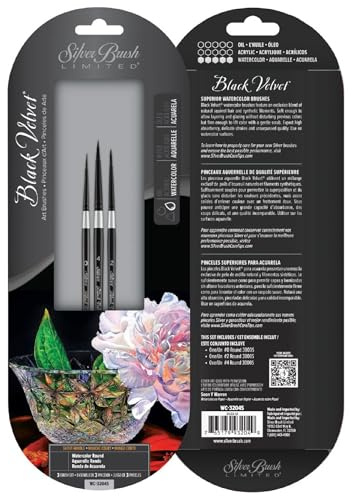 Silver Brush Limited WC-3204S Black Velvet Pinselset für Feine Linien & Details, 3er Set Pinsel, Pinsel Rund in den Größen 0, 2 und 4 | Größen 0, 2, 4, kurzer Griff, feine Borsten, weiche Synthetik- und Eichhörnchen-Mischung, hervorragende Farbaufnahme