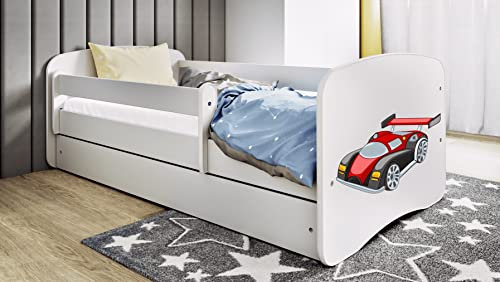 Bjird Kinderbett Jugendbett 70x140 80x160 80x180 Weiß mit Rausfallschutz Matratze Schublade und Lattenrost Kinderbetten für Mädchen und Junge - Rennwagen Motiv 160 cm