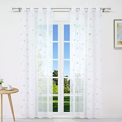 CORLIF Voile Gardine mit Ösen Transparente Vorhänge mit Schmetterling Druck Weiß B/H 140/245 cm 1er Pack