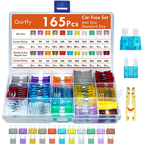 Car fuses 165Pcs, Gorffy Car Fuse Assorted 108 Mini + 57 Standard Blade Fuses 2A 3A 5A 7.5A10A 15A 20A 25A 30A 40A with Storage Case and Fuse Extrator for Automotive ATM/ATC/ATO