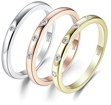 JewelryPalace 3 Ringe Zirkonia Silber 925 Ring Damen, Weißgold Rosegold Gelbgold Vergoldet Hochzeitsringe Trauringe Eheringe, Vorsteckring Bandring, Ringe Set, Frauen Schmuck mit Stein