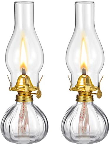 Hortsun 2 Pieces Large Chamber Oil Lamp, Vintage Glass Clear Kerosene Lamp Tabletop Decor Lantern Indoor Decorative Oil Lantern and Winter Emergency Lighting(Retro Style)