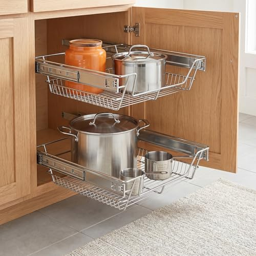YRHome 4 Stück Auszug Küchenschrank,Mit Schienen Teleskopschublade,Verchromtes Metall Schrank organizer,Schräge Kante,Silber- Breite:50cm - für Schrankbreite 47cm(Innen)/50cm(Außen)