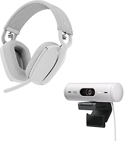 Logitech Brio 500 Full HD-Webcam und Zone Vibe 100 kabellose Kopfhörer mit geräuschunterdrückendem Mikrofon, funktioniert mit Microsoft Teams, Google Meet, Zoom, Mac/PC - Weiß