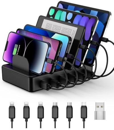 CREATIVE DESIGN 50W 6 Ports Multi Charger Station with 6 Charging Cables, USB Charging Dock for Multiple Devices, Compatible with Cellphone iPad Kindle Tablet and Other Electronic Devices