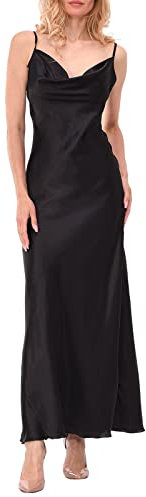ZZLBUF Robe longue en satin avec bretelles spaghetti et col bénitier pour femme, Noir , L