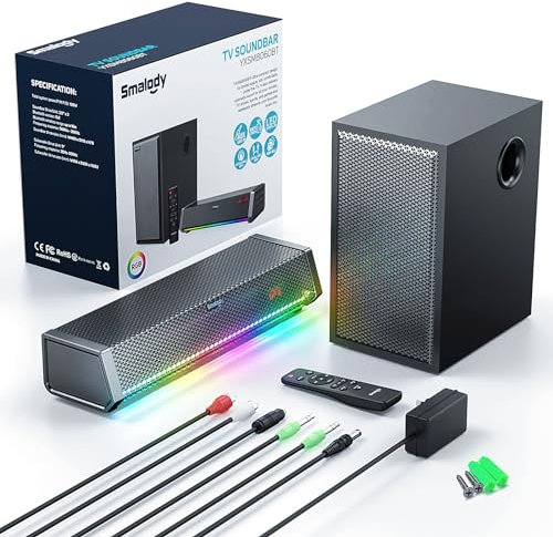 Smalody Altavoces de TV, Altavoz de Cine en casa, Barra de Sonido de Audio inalámbrica, Altavoz de TV + subwoofer de Graves, Bluetooth habilitado/óptico/AUX/entradas COAXIAL/Control Remoto