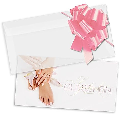 GESCHENKGUTSCHEINcom - 100 Blanko Gutscheine mit Kuvert & Schleife - Formulare mit Vordruck für Fingernagelstudio Fußpflegesalon FU9234-2-100